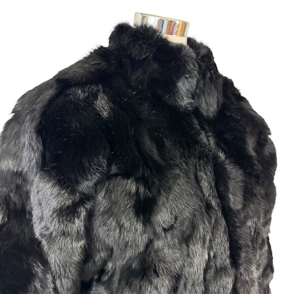 Black Rabbit Fur Coat Jacket Oversized Sleeves Size M Zip Front Vintage 1980s - Picture 2 of 8
